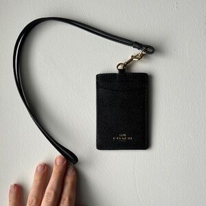 Coach Black Leather Lanyard Card Case with Gold-Tone Clip